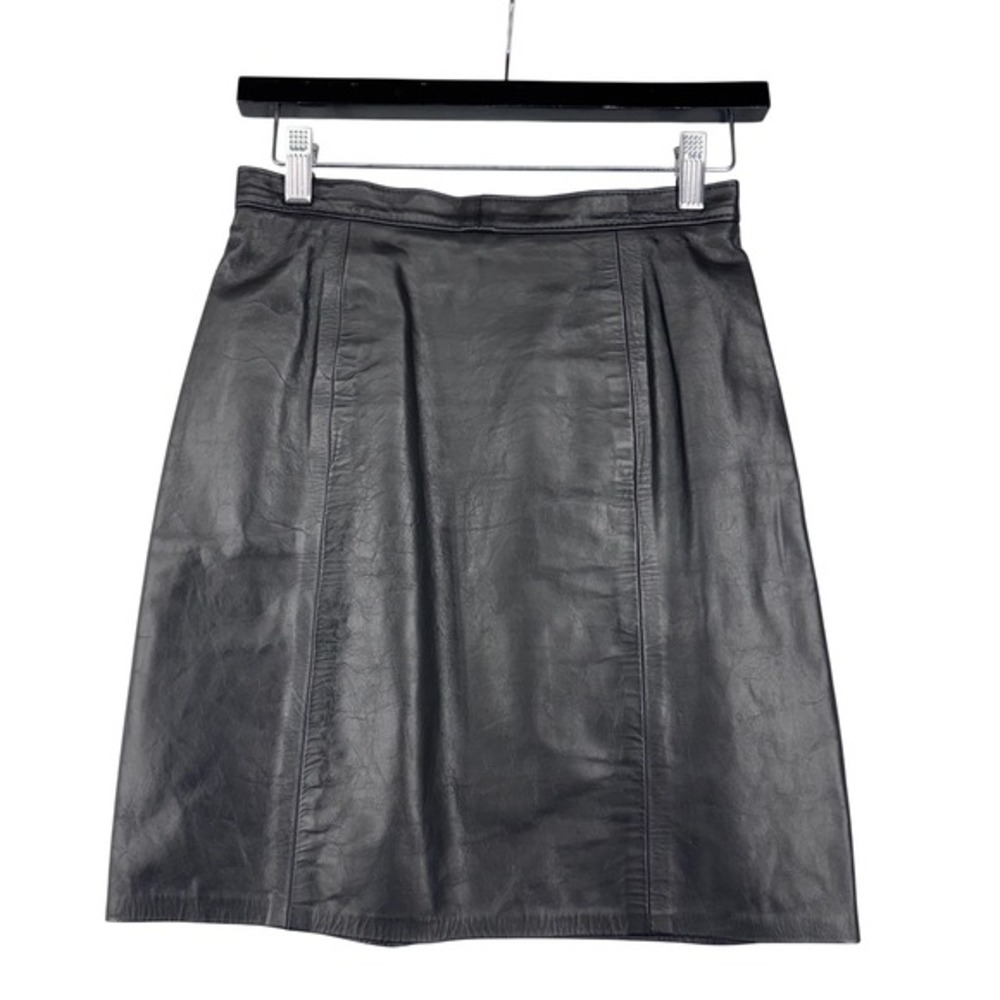 Vintage 90's Black Real Leather Skirt Knee Length Size 25 waist‎ 90's minimalism